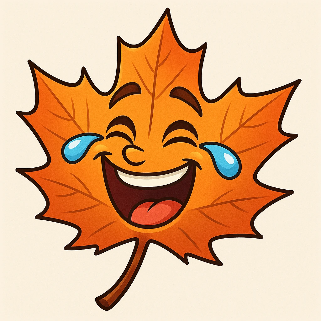 laughing maple leaf with tears coming out of eyes, cartoon style emoji