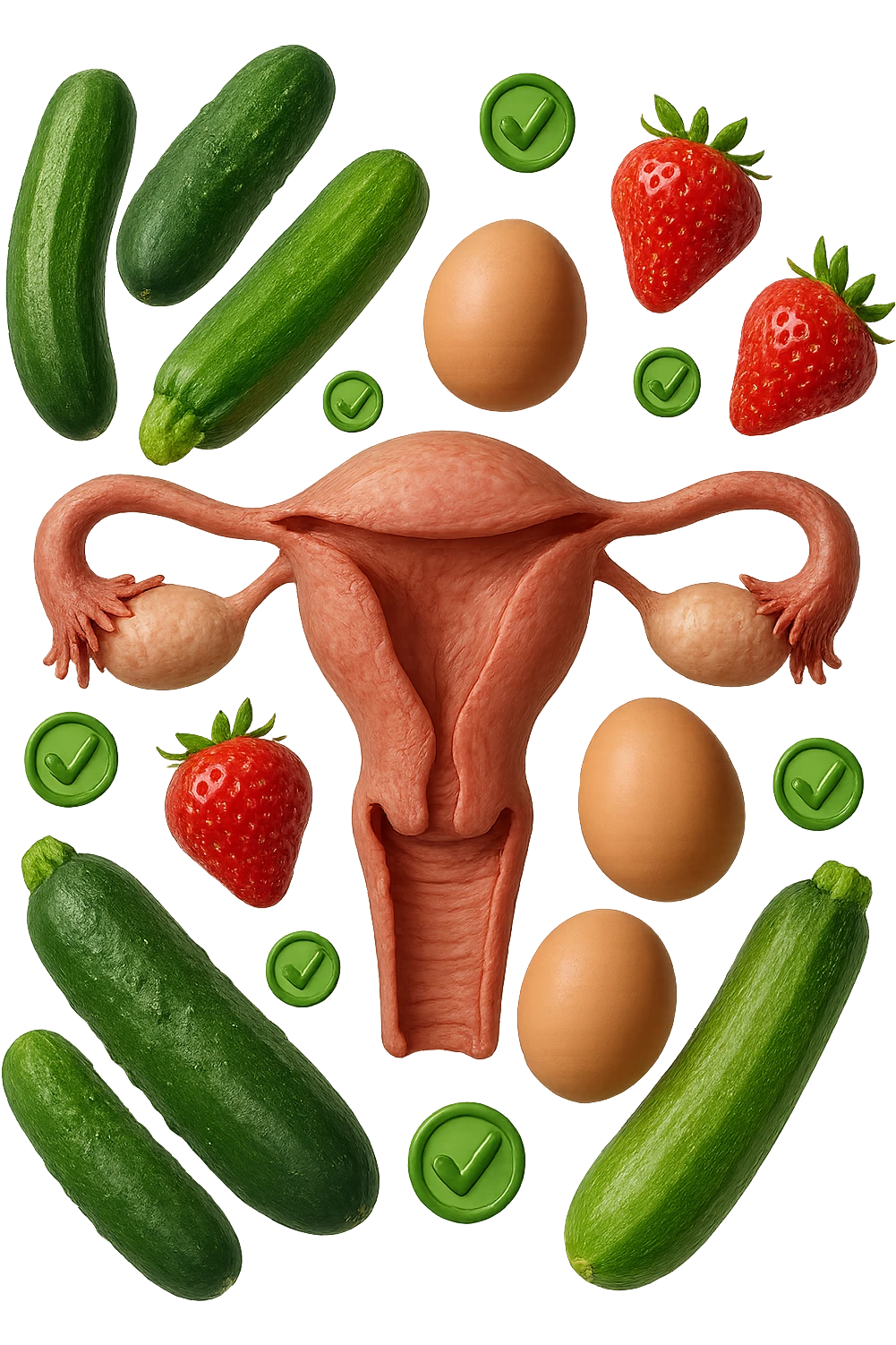 zucchine, cetrioli, fragole, uova fluttuano insieme ad un utero umano realistico anatomico e a piccole spunte verdi di "verificato" 3d, IPERREALISTICO 4K emoji