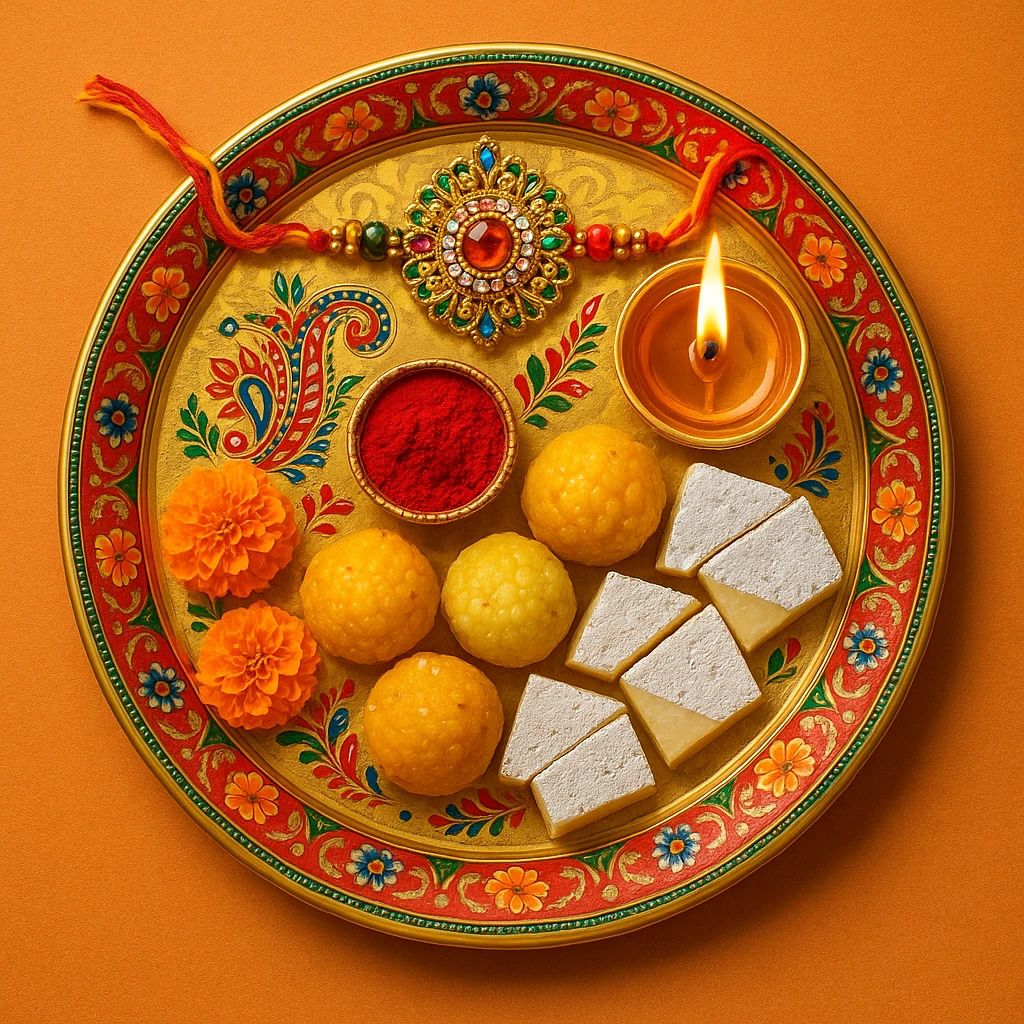 A decorative rakhi thali with traditional Indian motifs, including a rakhi, diya, sweets, and kumkum, vibrant and festive style emoji