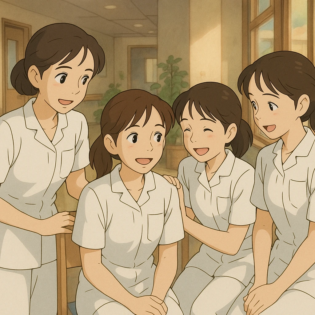 Four nursing students, Ghibli style, based on references, interacting in an indoor environment. White short-sleeve uniforms, V-neck, left chest pocket, bare forearms, long hair tied back, no stethoscopes or collar stand. Team and cooperation atmosphere. emoji