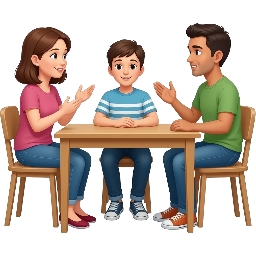 Dialogue between two adults and a teenager sitting at the table at home looking at each other in a conversational mood, hands moving, faces speaking emoji
