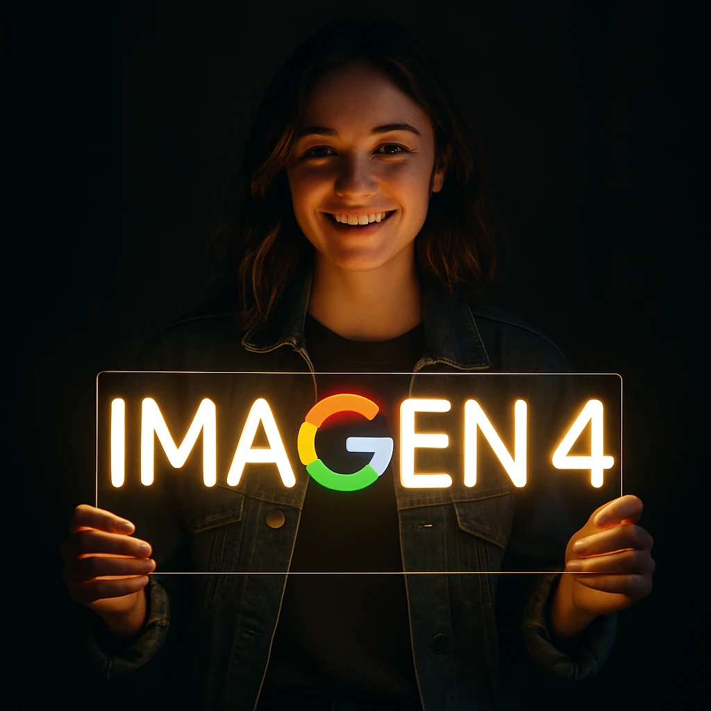 make a girl holding this sign, but sign in made of neon emoji