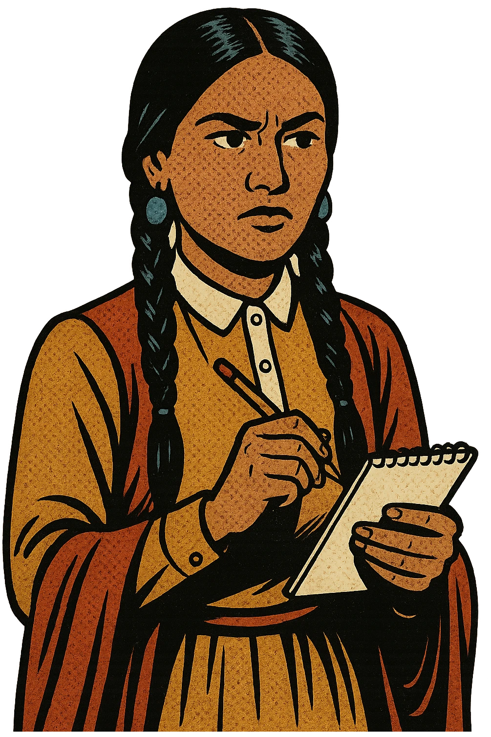 A young native American woman from the 1880s who is partly dressed in american style clothing.  She is holding a note pad and pencil looking serious emoji
