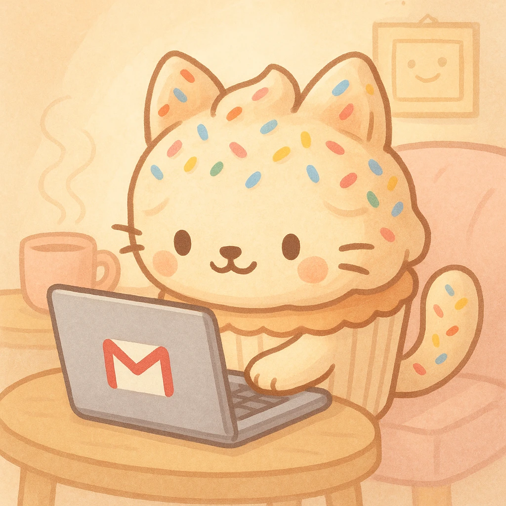A cute cupcake-cat hybrid focused on her laptop, composing silly stories for her friends to enjoy via Gmail. The cat has a cupcake wrapper body, frosting ears, and sprinkles. The laptop shows a Gmail icon. The atmosphere is playful and charming. emoji