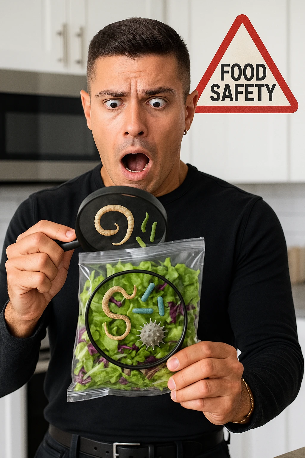 a man holds a bag of salad with both hands, his face frozen in shock as he looks at the contents. Inside the bag, exaggerated but realistic depictions of parasites and bacteria are visible, some highlighted with a magnifying glass overlay. The background is a clean kitchen, and a warning sign appears in the corner to reinforce the message about food safety. emoji