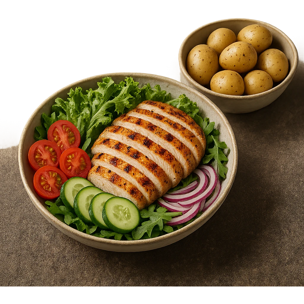 insalate con petto di pollo grigliato e bowl di patate cotte poggiate per terra, iperrealistico 4k emoji