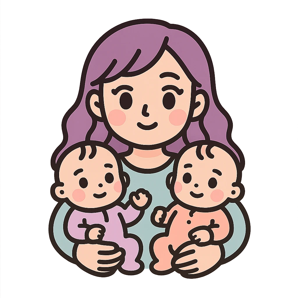 young woman with long wavy hair and big eyes holding two babies in bodysuits, icon-color-outlined style, expressive facial features, detailed shadows and highlights, thin clean contours, soft rounded shapes, pastel palette #98B5BC, #B5B3C1, #C9A3C9, #E4C0CA, #F7DCD1, #F7C0AA, modern Japanese pop art and sticker aesthetic, soft lighting, transparent background emoji