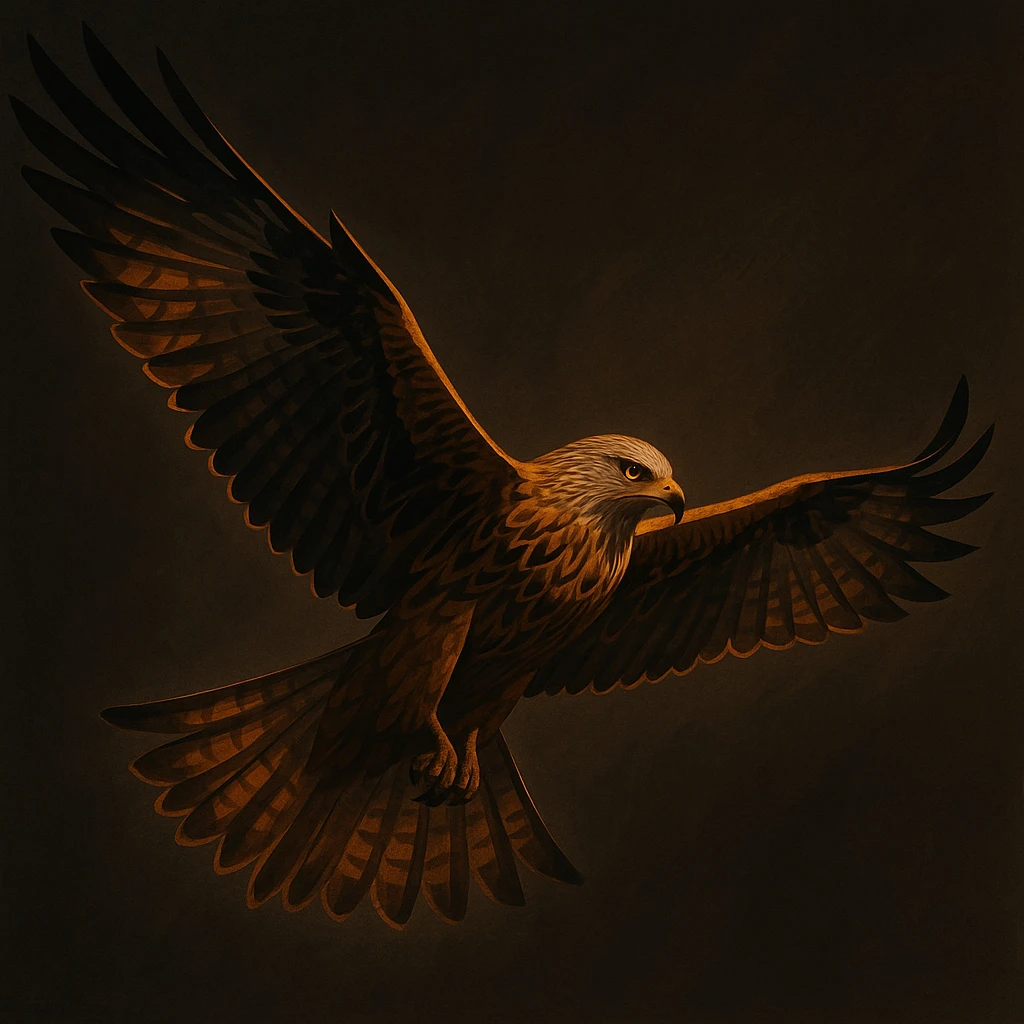 stylized milan bird of prey soaring with wings fully extended, dramatic lighting, minimal background emoji