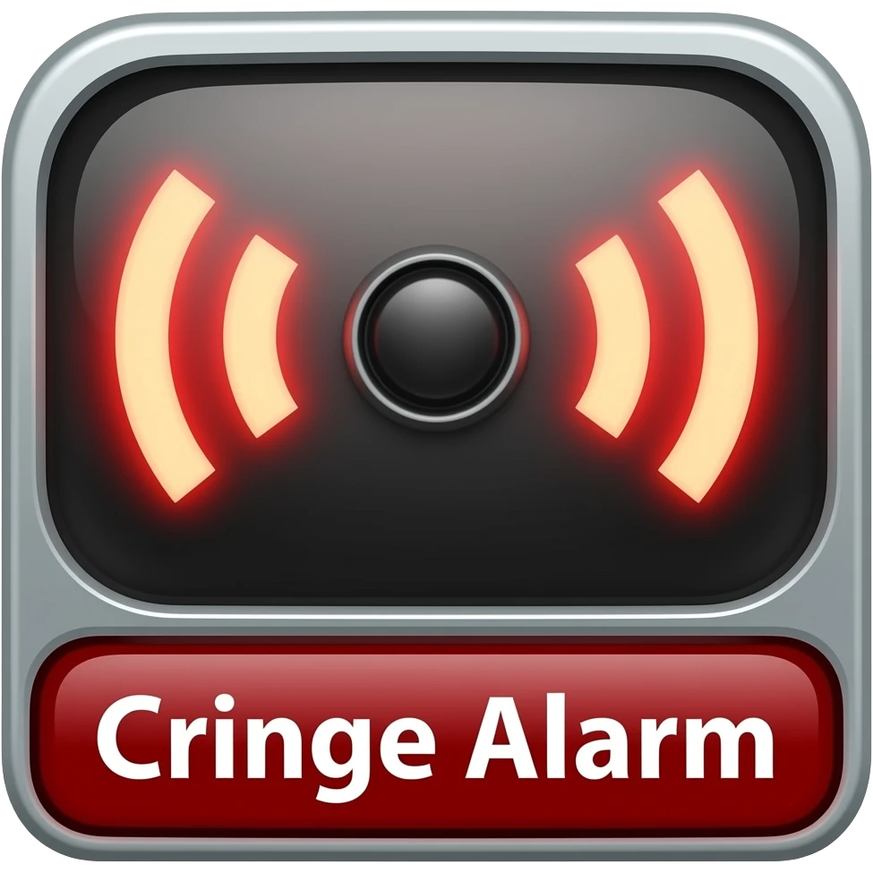 A blaring alarm with visual sound effects, a label below it with text "Cringe Alarm", filled background emoji