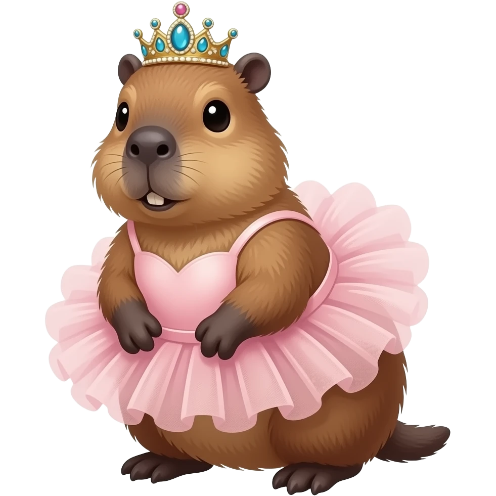 A realistic capybara wearing a tiara and a tutu. emoji
