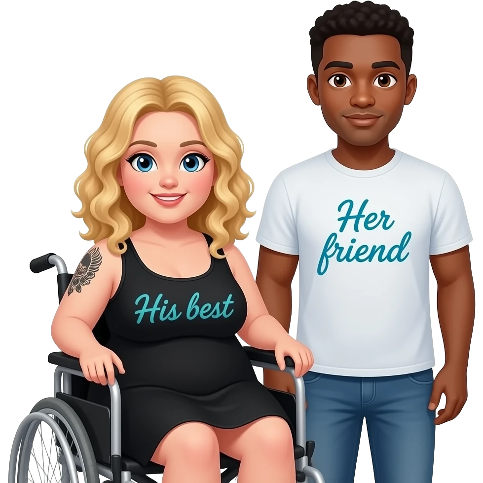 Plus Size women in wheelchair Blonde curly hair blue eyes black tattoos on right lower arm wearing a black summer dress saying “ His best” written in teal cursive  writing & African American man standing behind her with black hair with brown eyes NO facial hair with saying “Her friend“ on his shirt emoji