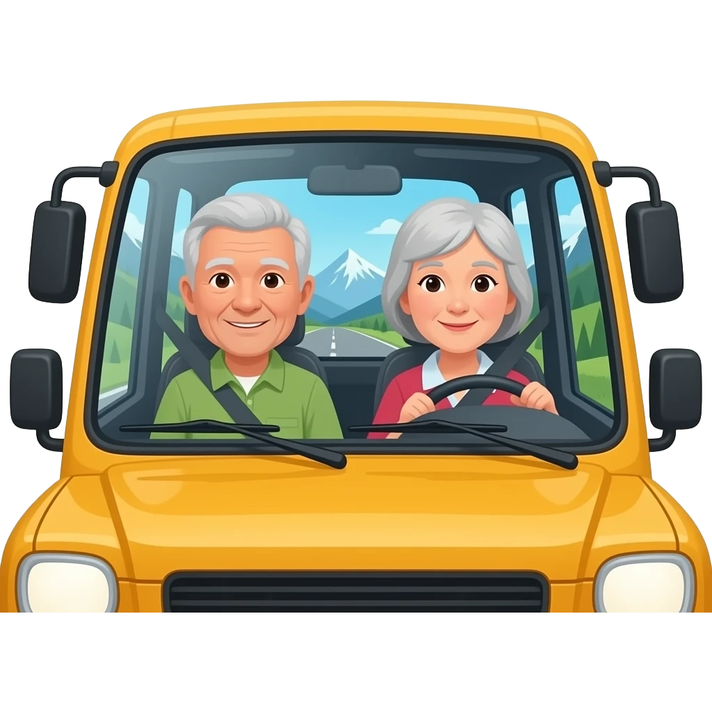 tee emoji jossa vanhempi pariskunta matkustaa matkailuajoneuvolla vuoristossa. kuva auton sisältä emoji