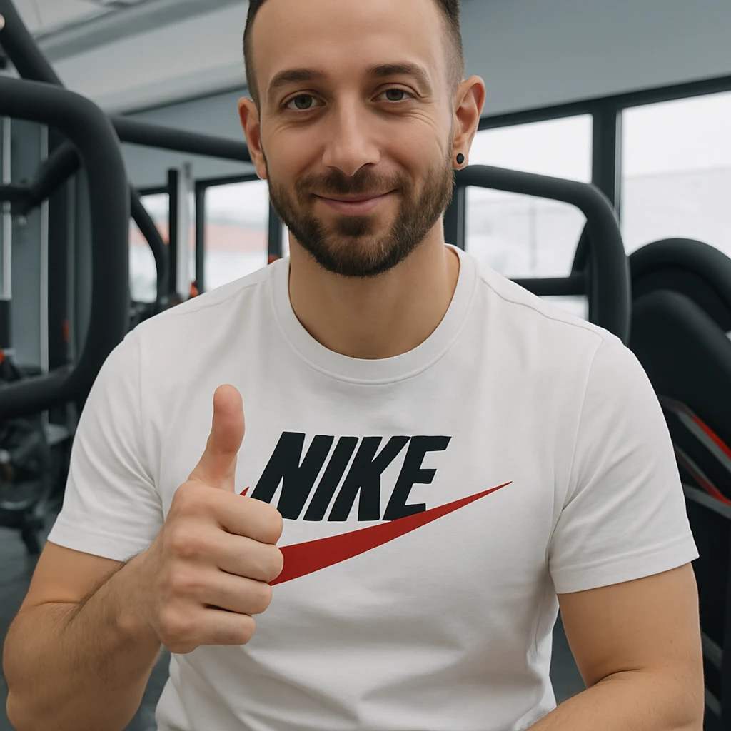 The man in the photo is making the OK gesture with his thumb up, showing a relaxed expression, in a gym environment, photorealistic style. emoji