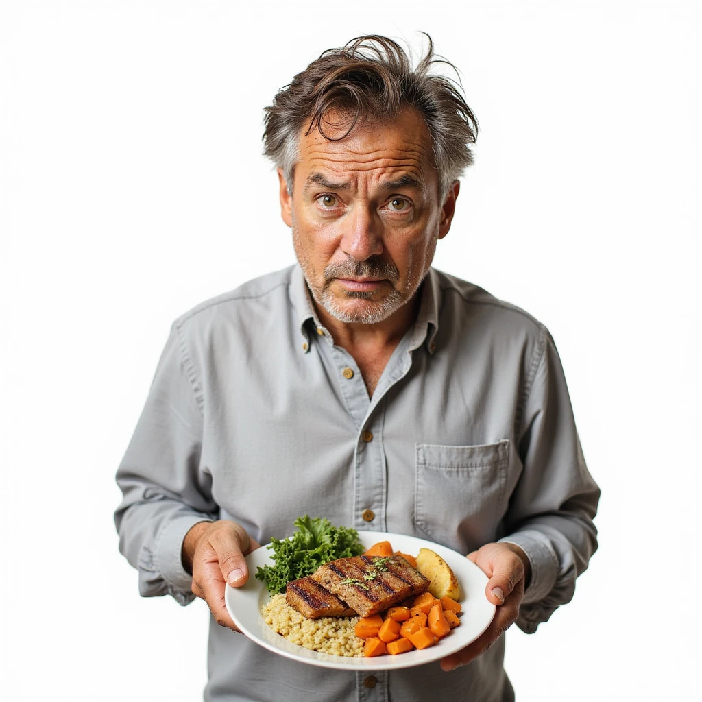 realistic man, marked face and dull hair, plate with only lean foods, worried expression, caption in Italian: “No grassi salutari: rischio per estetica e salute”, isolated on white background emoji