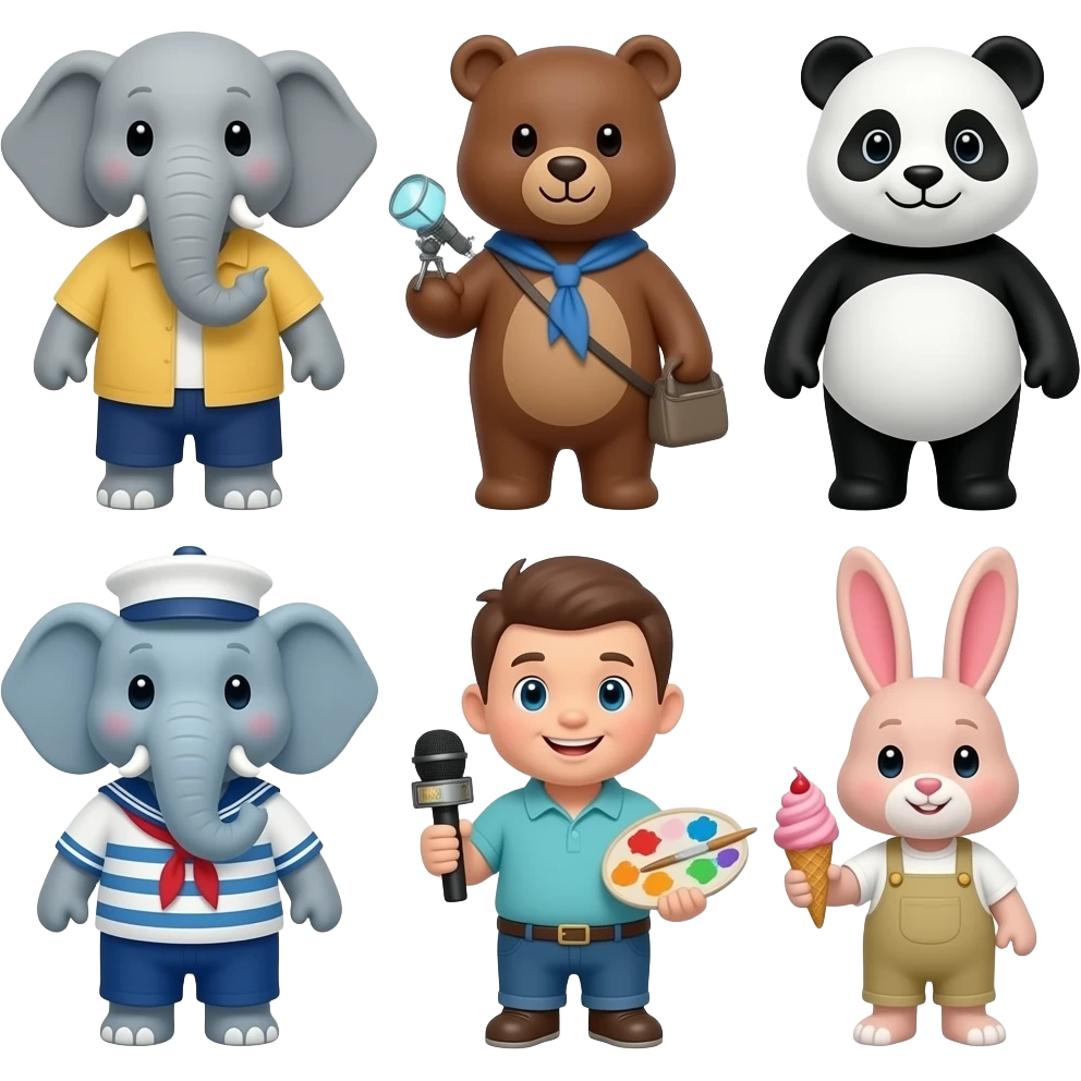 Painter elephant, astronomer bear, coach panda, sailor elephant, news reporter elephant, and ice cream man rabbit emoji