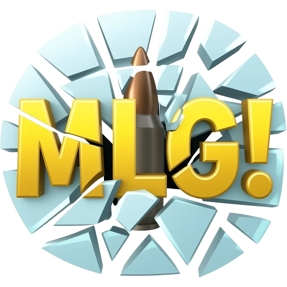 Надпись MLG! жёлтого цвета рассыпалась на мелкие осколки как стекло от выстрела пули emoji