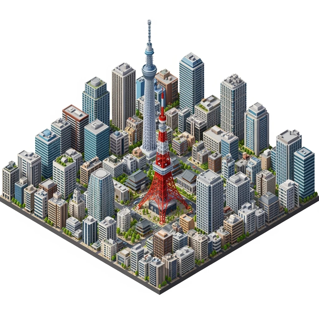 Isometric illustration of Tokyo, full miniature cityscape shown in the frame, 45-degree bird’s-eye view, photorealistic details, Tokyo Tower and Tokyo Skytree in the city center, realistic lighting, clean streets, tiny cars and people, modern buildings with varied architecture emoji