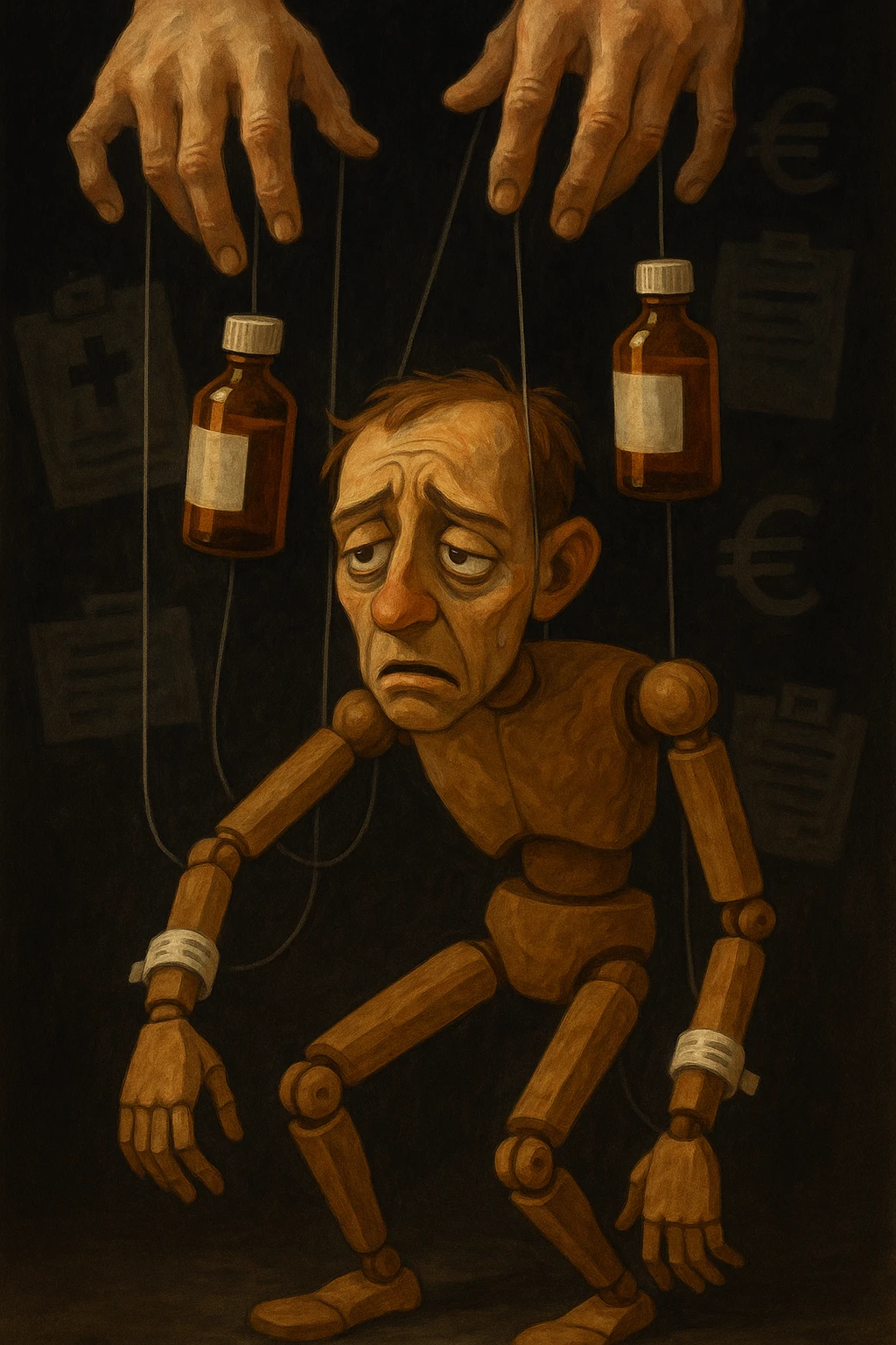 a marionette puppet with hospital bracelets and medication bottles as strings is controlled by unseen hands from above. The puppet’s face shows confusion and fatigue, representing the feeling of being managed by an invisible system. The background is dark, with faint images of medical charts and euro signs. in italiano emoji