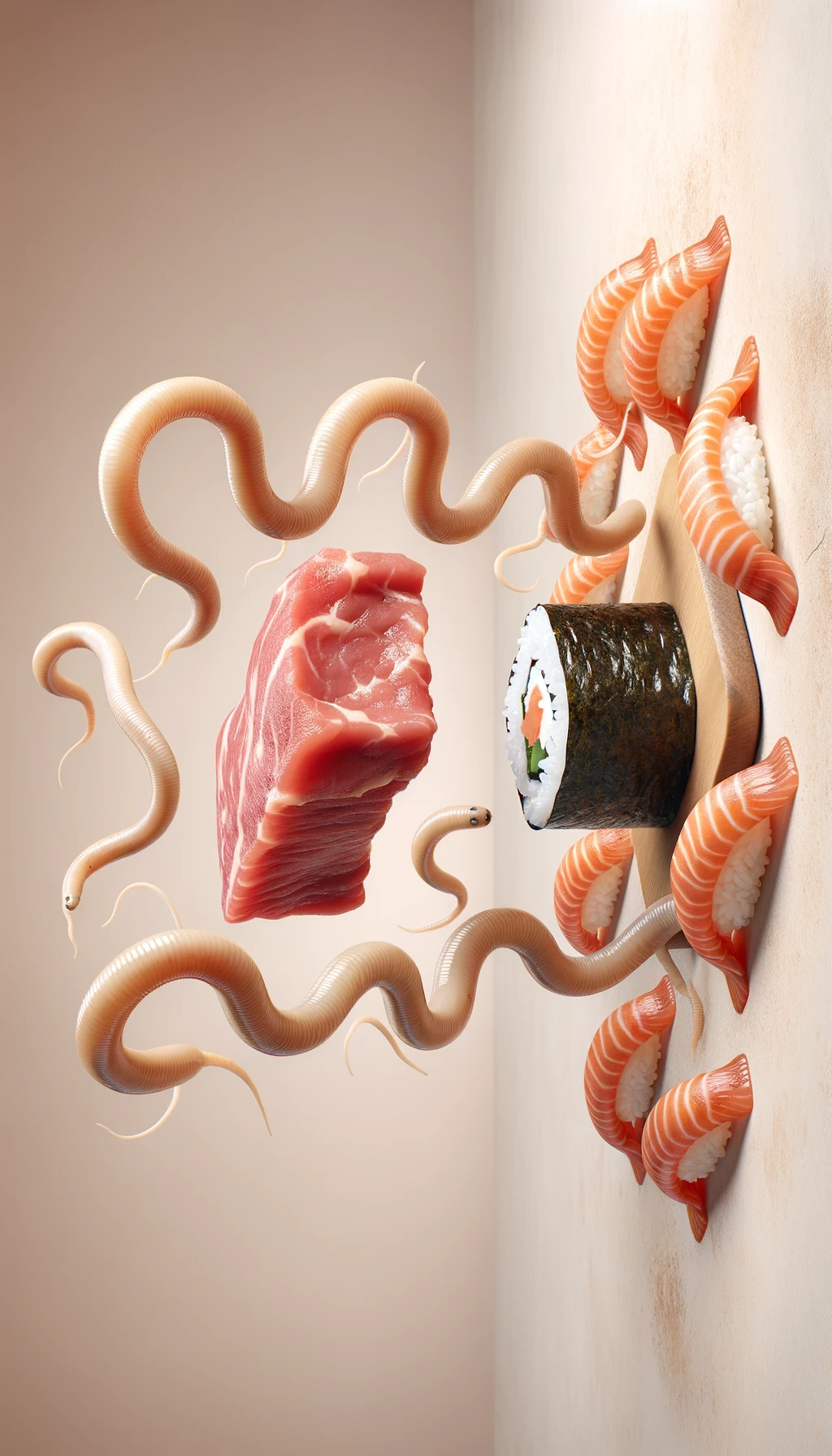 carne cruda fluttua insieme a sushi, intorno a loro fluttuano vermi lunghi e beige chiaro, sfondo neutro chiaro, iperrealistico 4k emoji