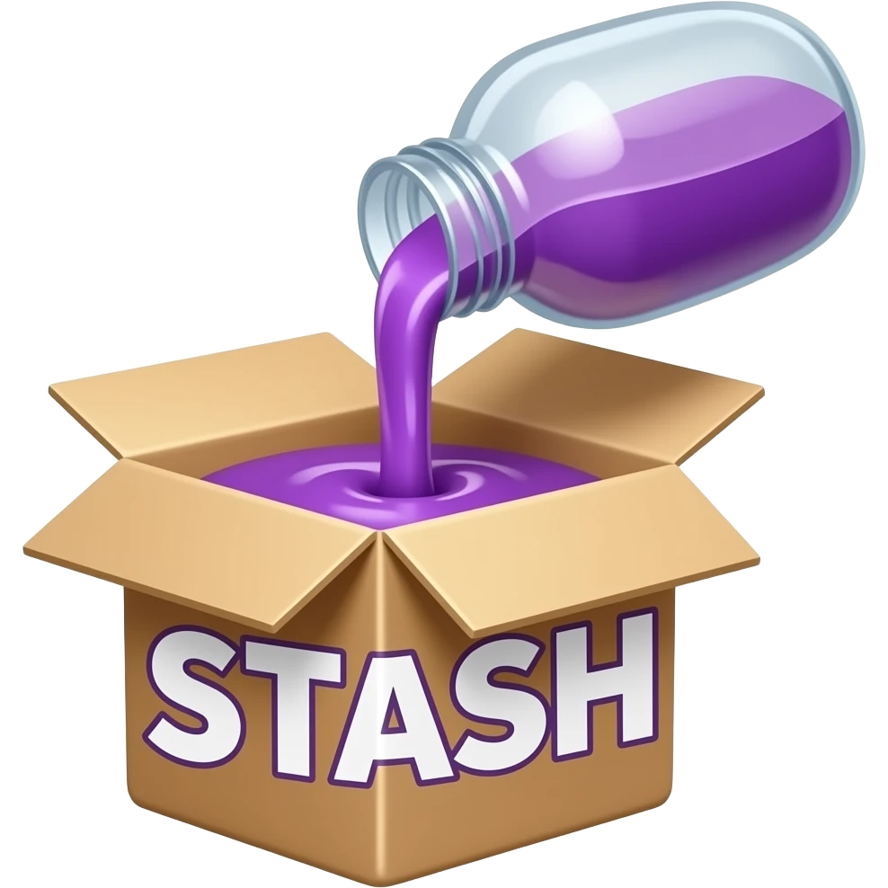 a box with purple syrup flowing out of it and a large inscription on the box saying "STASH" emoji