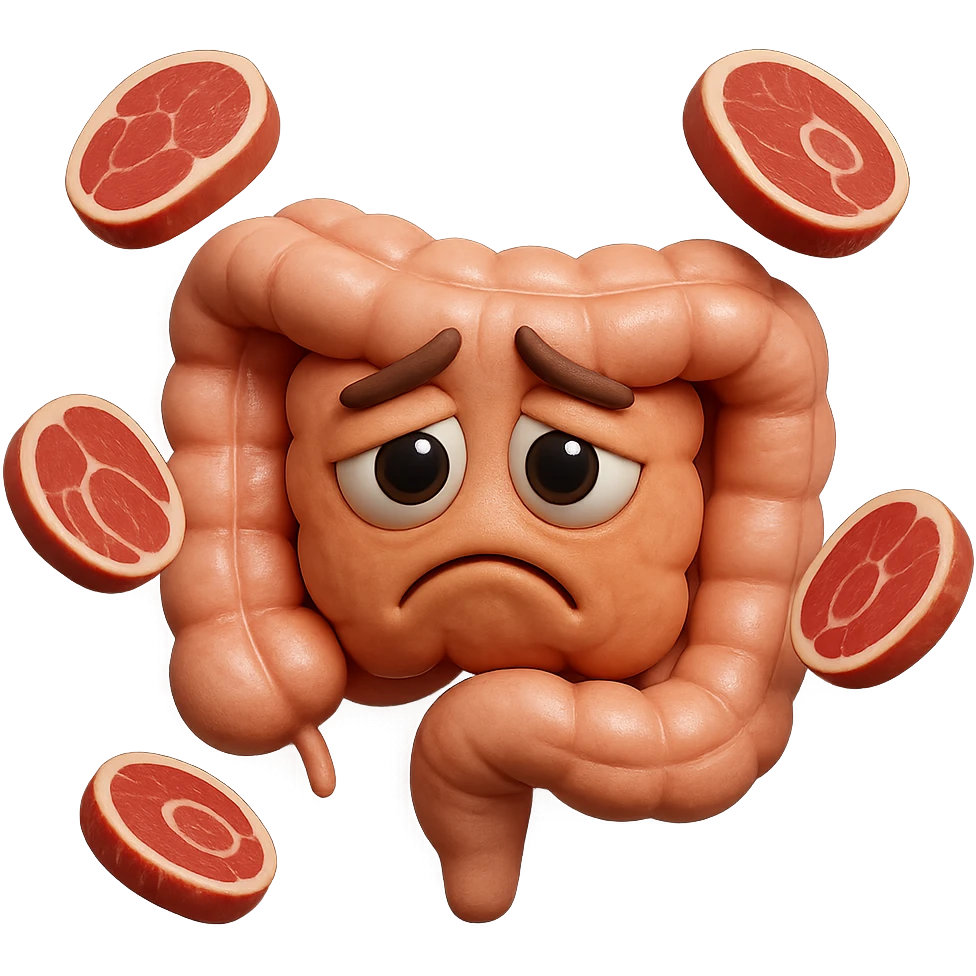 emoji stile iphone in 3d di un intestino triste con fette di carne che gli fluttuano intorno, gli occhi falli con la parte bianca pure, iperrealistico 4k emoji