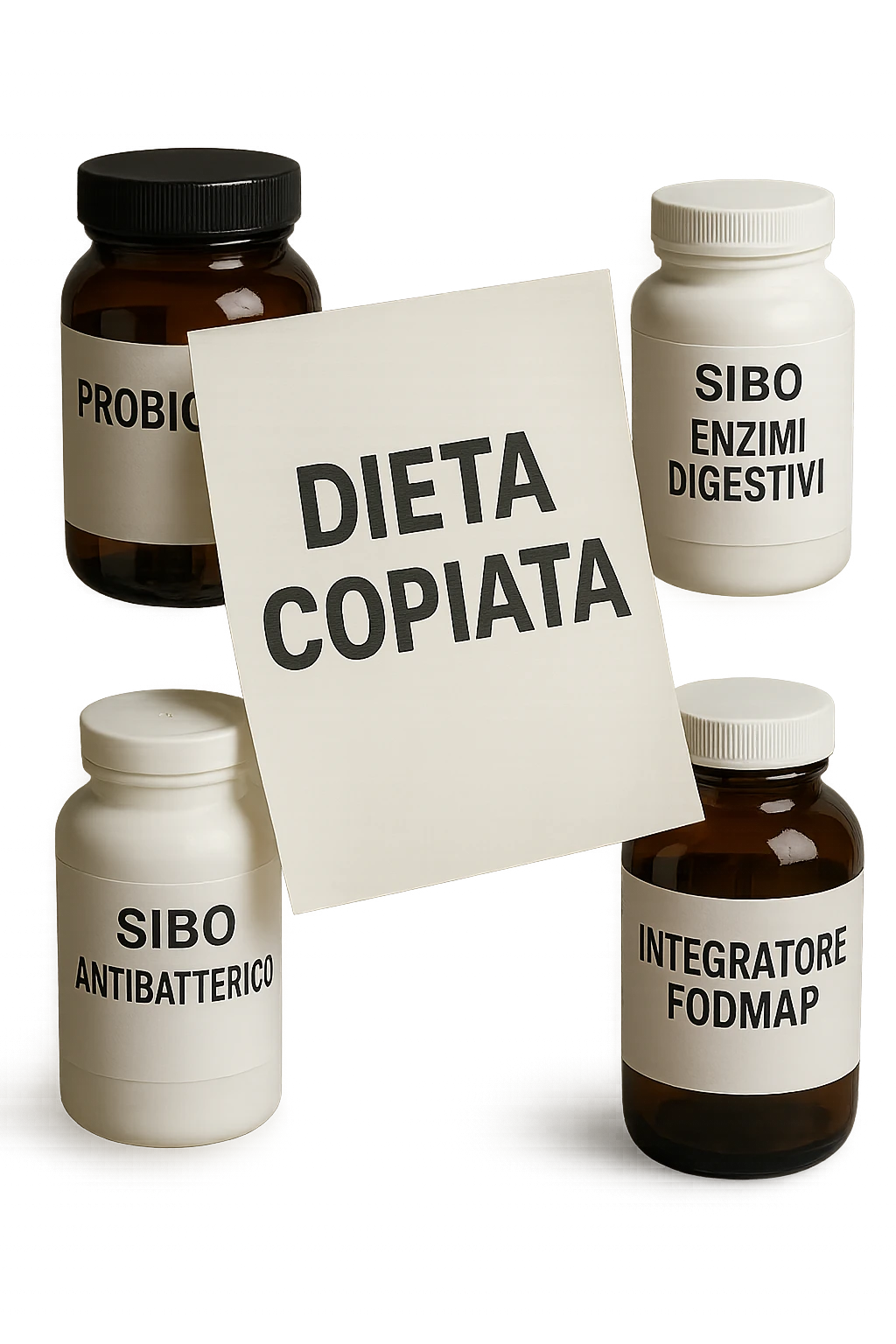 FOGLIO DI CARTA FLUTTUA IN ARIA CON LA SCRITTA "DIETA COPIATA", INSIEME A BARATTOLI DI INTEGRATORI PER CURARE IL SIBO IN ITALIANO, IPERREALISTICO 4K, NON DISEGNATO emoji