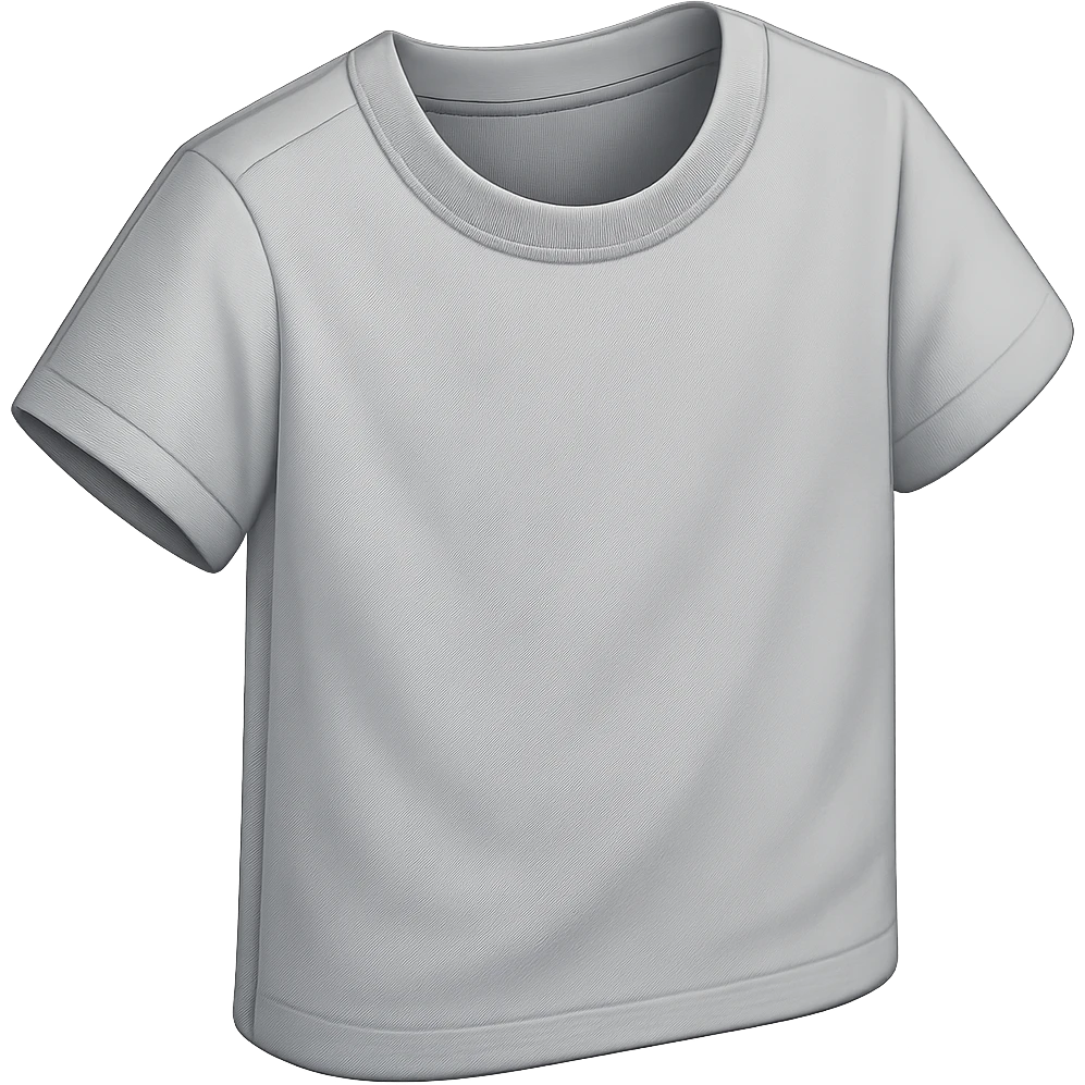 Make the grey t-shirt icon more detailed with realistic fabric folds, subtle stitching, and a visible collar. Keep the style modern and clean, no text, and no background. Maintain a transparent background to preserve the icon's clarity and simplicity. emoji