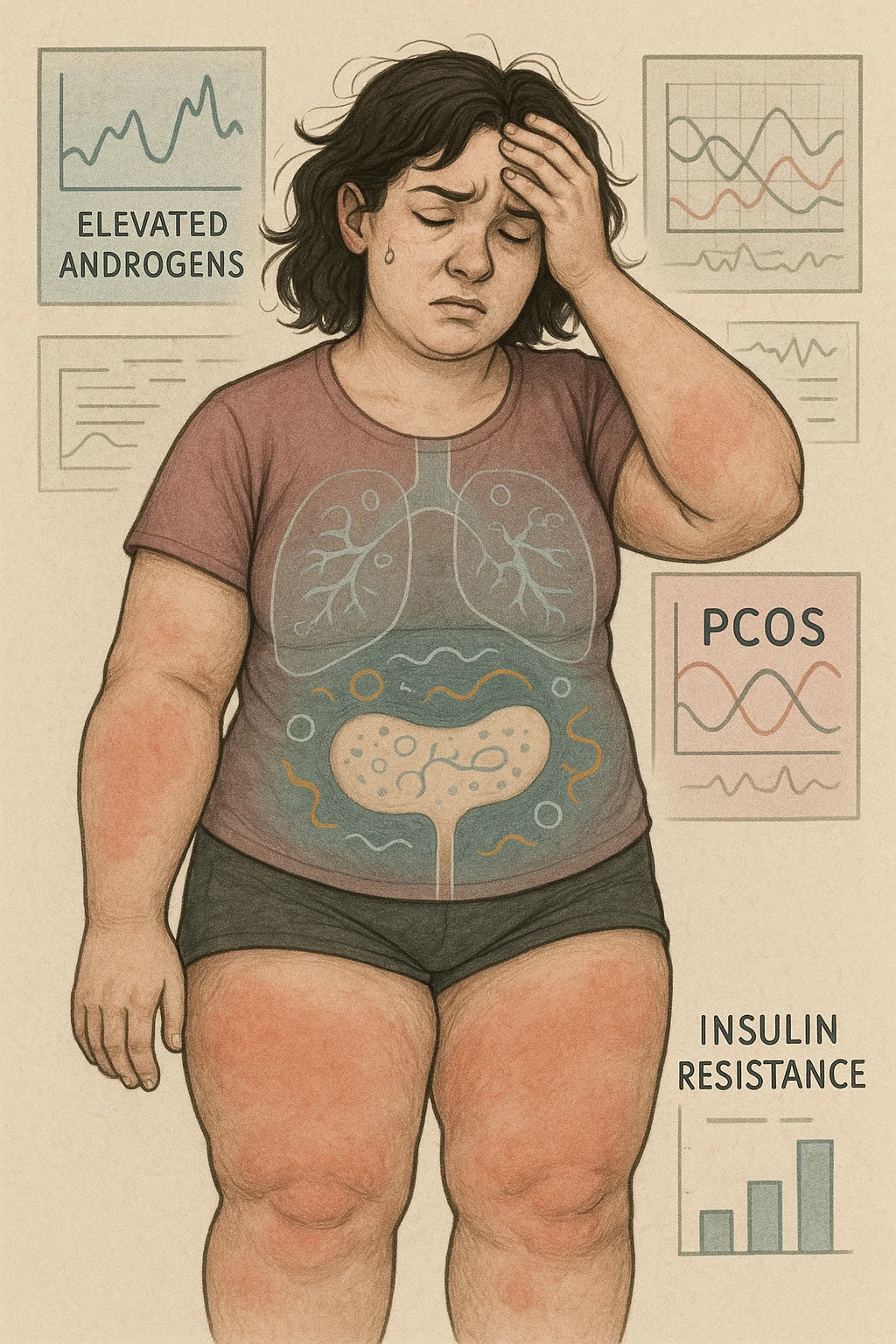 Woman with PCOS struggling with hormonal chaos, transparent overlay showing elevated androgens and insulin resistance affecting her body, lipedema causing disproportionate fat accumulation in legs and arms despite normal torso, expression of frustration with unexplained weight gain, medical charts showing complex endocrine dysfunction, painful swollen limbs contrasting with metabolic confusion emoji
