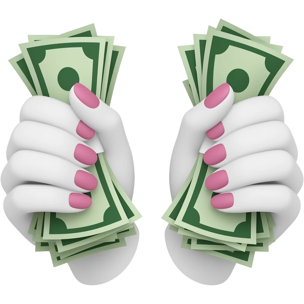 Two white hands with long, pink nails, each clutching a wad of cash emoji