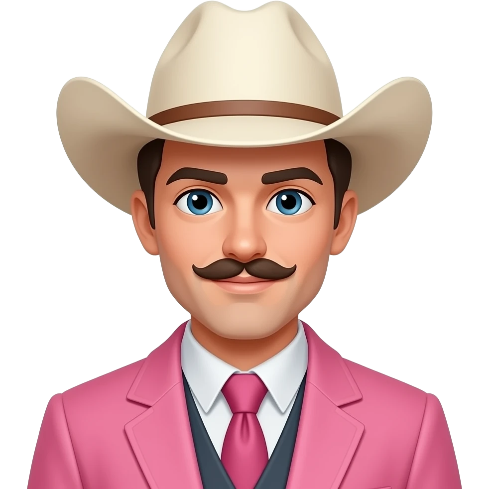 young man with mostache wear pink coat and cowboy hat emoji