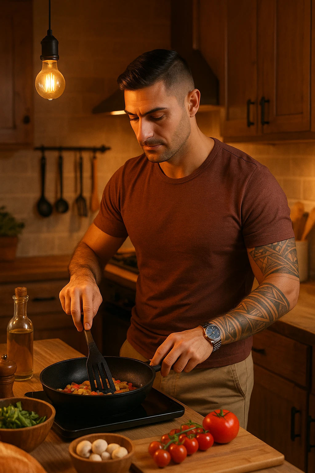 Uomo che sta cucinando a casa sua emoji