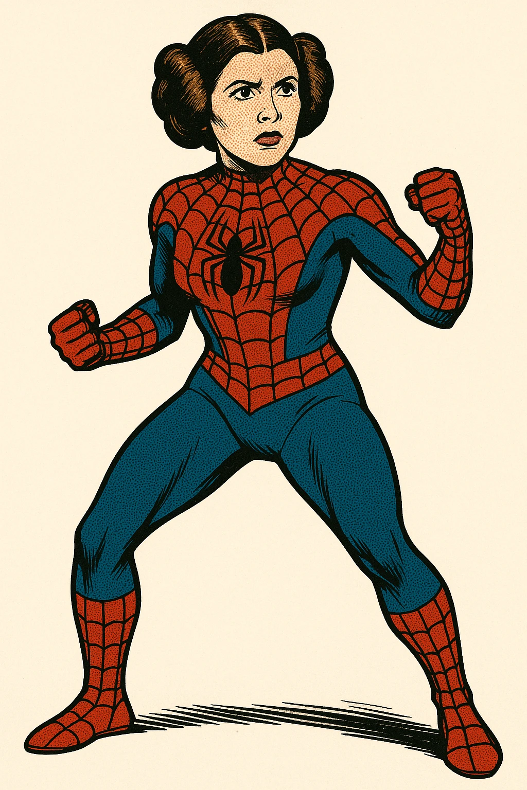 Princess Leia with iconic buns, Spiderman suit, standing heroically, comic book style, white background emoji