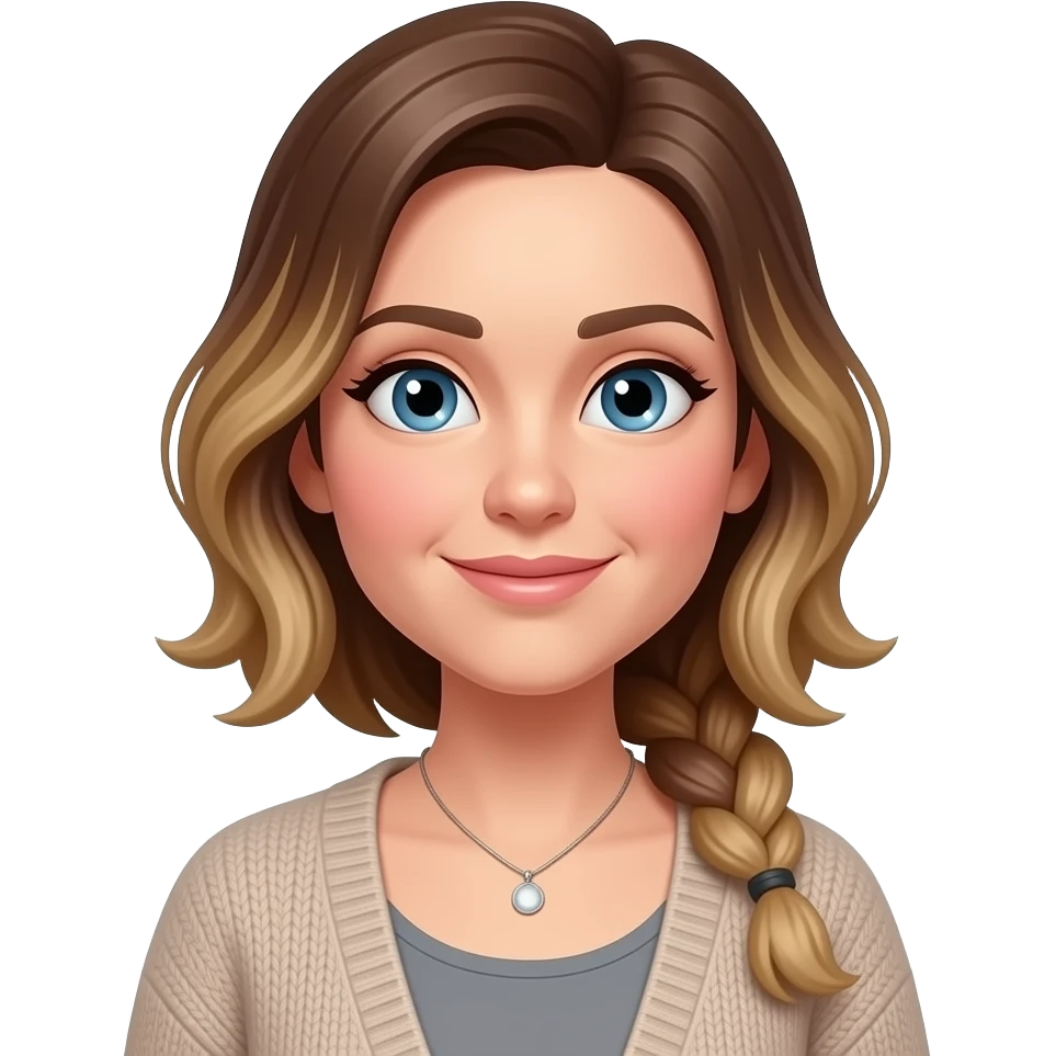 pink cheeks, smaller Blue eyes, light skin, longer brown/blond balage hair pony tail 38 aged women, cardigan, grey top,small necklace emoji