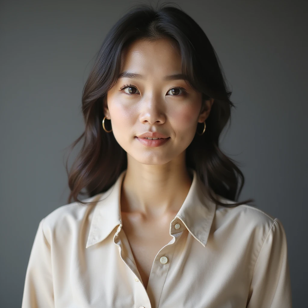 photorealistic upper-body portrait of a modern Korean woman, age 25-35, refined premium look, appreciates finest ingredients and art of coffee and dessert pairing, serene upscale appearance, minimal background emoji