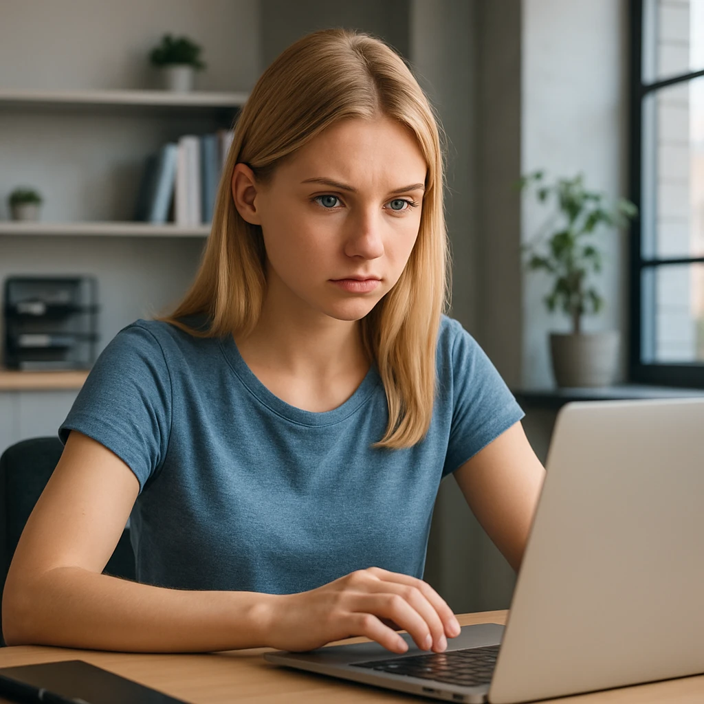 Blonde girl with blue eyes working on a laptop emoji