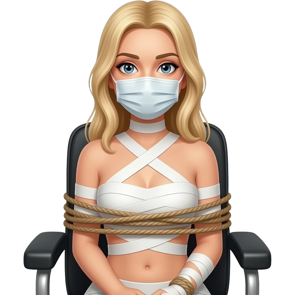 A full body naked woman blonde hair long  and  her body is taped and her mouth is taped and realistic and  and her eyebrow and shes tied in she's chair emoji
