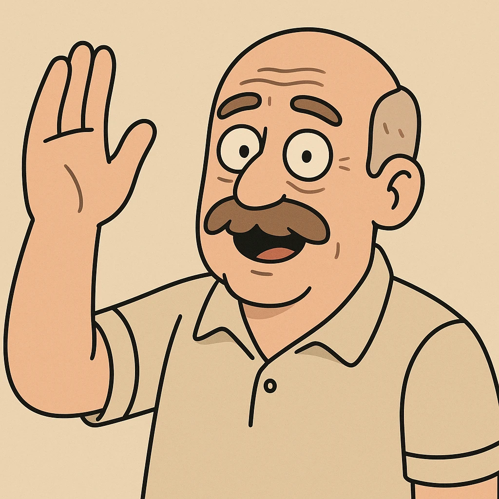 older bald man with a mustache raising his hand, cartoon style emoji