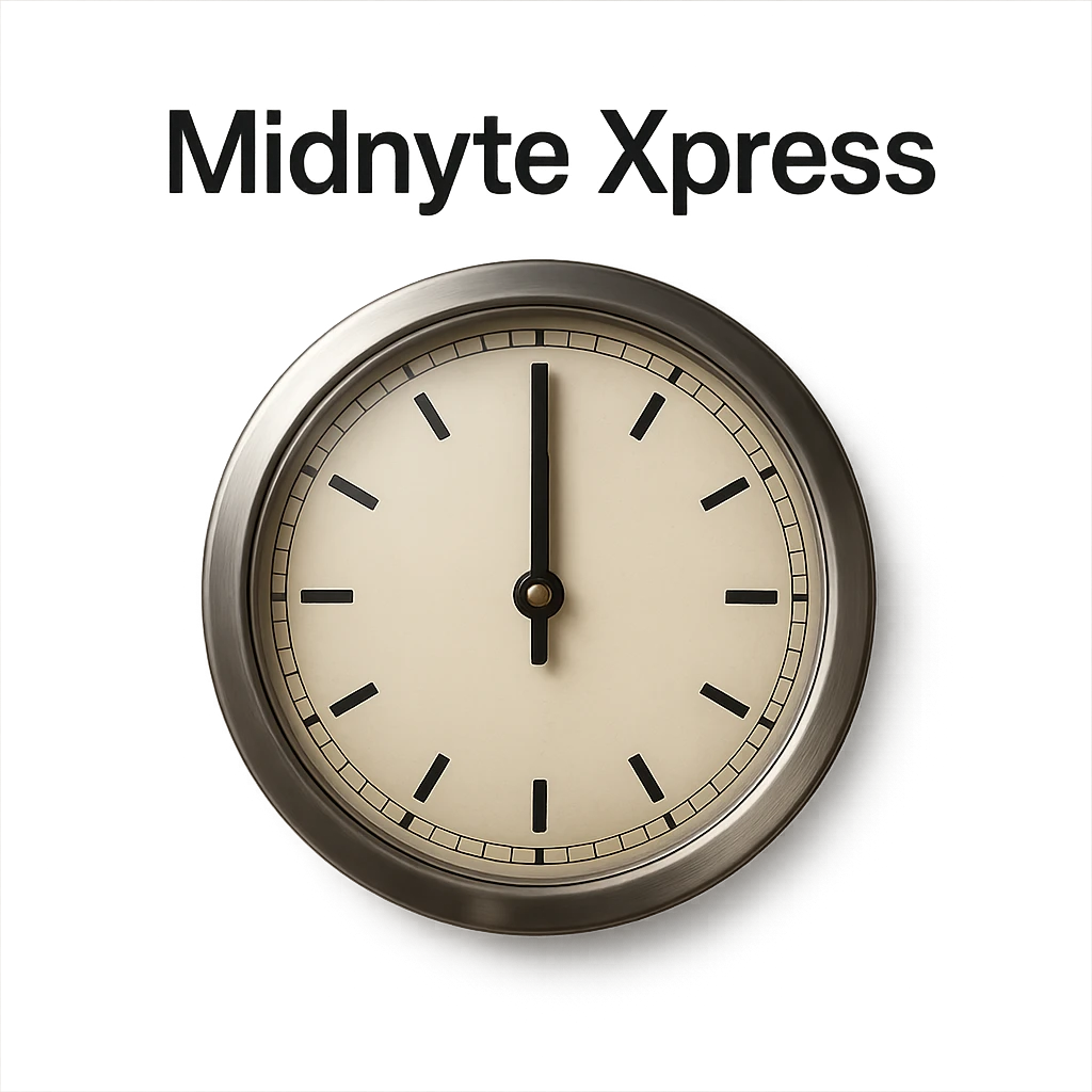 Make this clock at midnight with 'Midnyte Xpress' above look more realistic, featuring a metallic clock frame, glass face, and realistic shadows. Keep the text above in a clean font. No background, transparent background. emoji