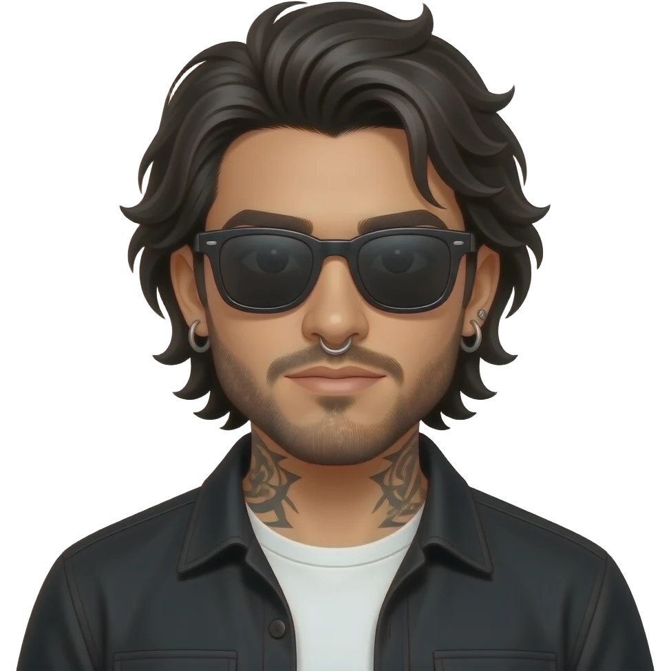 A handsome Latino with medium length hair and beard and tattoos with a nose hoop and an earring hoop wearing all black with a white undershirt and black sunglasses emoji