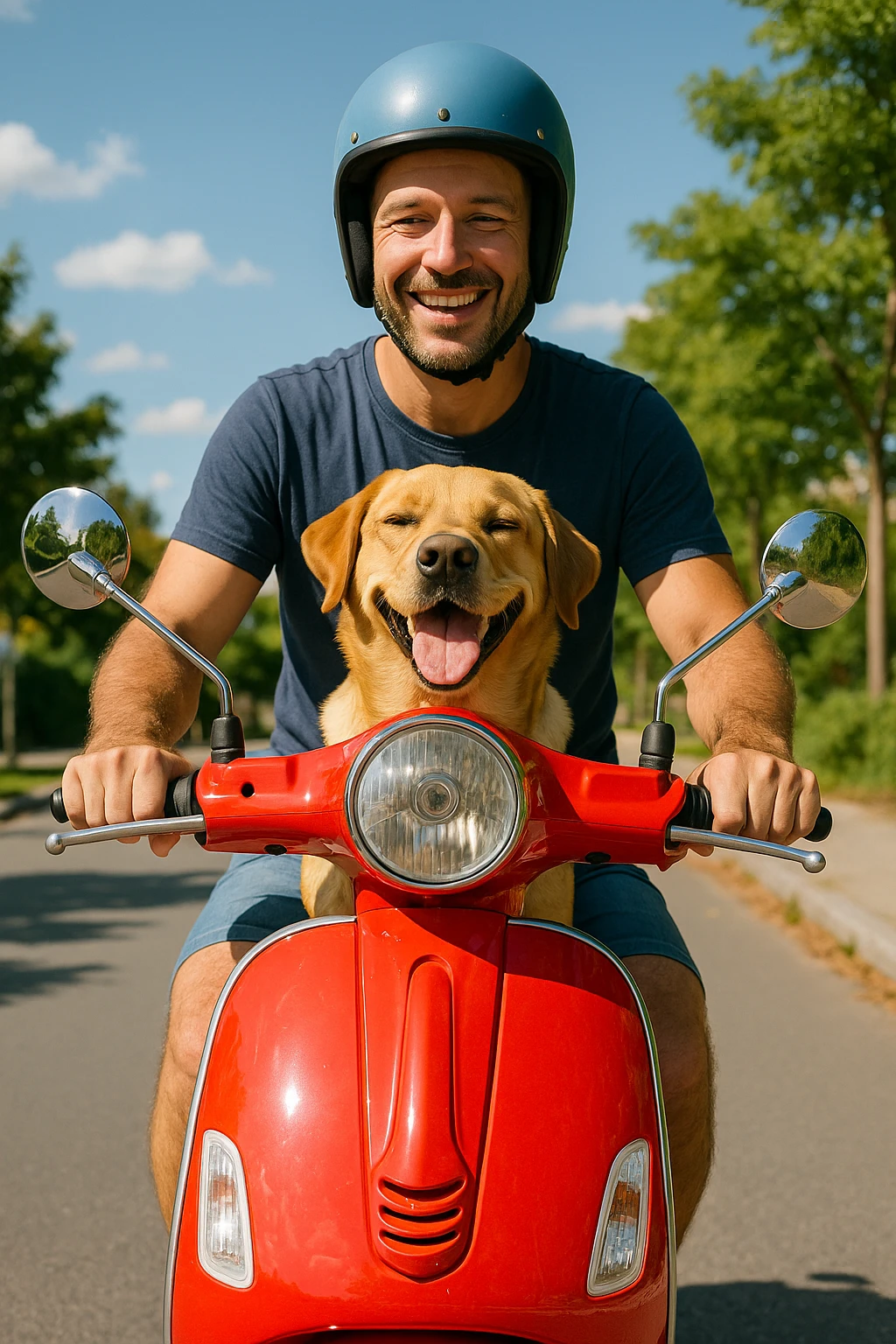 man and his pet dog riding a vespa emoji
