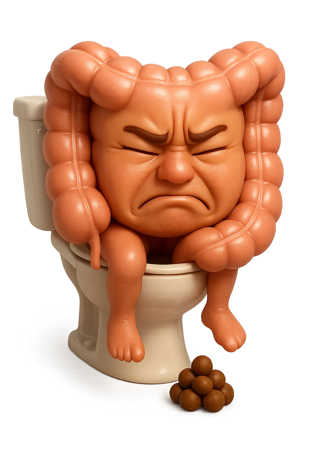 SU QUESTO STILE FAI UN EMOJI STILE IPHONE 3D DI UN INTESTINO CHE sta seduto sul wc e davanti ha una montagnetta di feci a palline stile emoji iphone, FAGLI UN ESPRESSIONE di dolore mentre si sforza E FALLO MOLTO REALISTICO IN 3D emoji