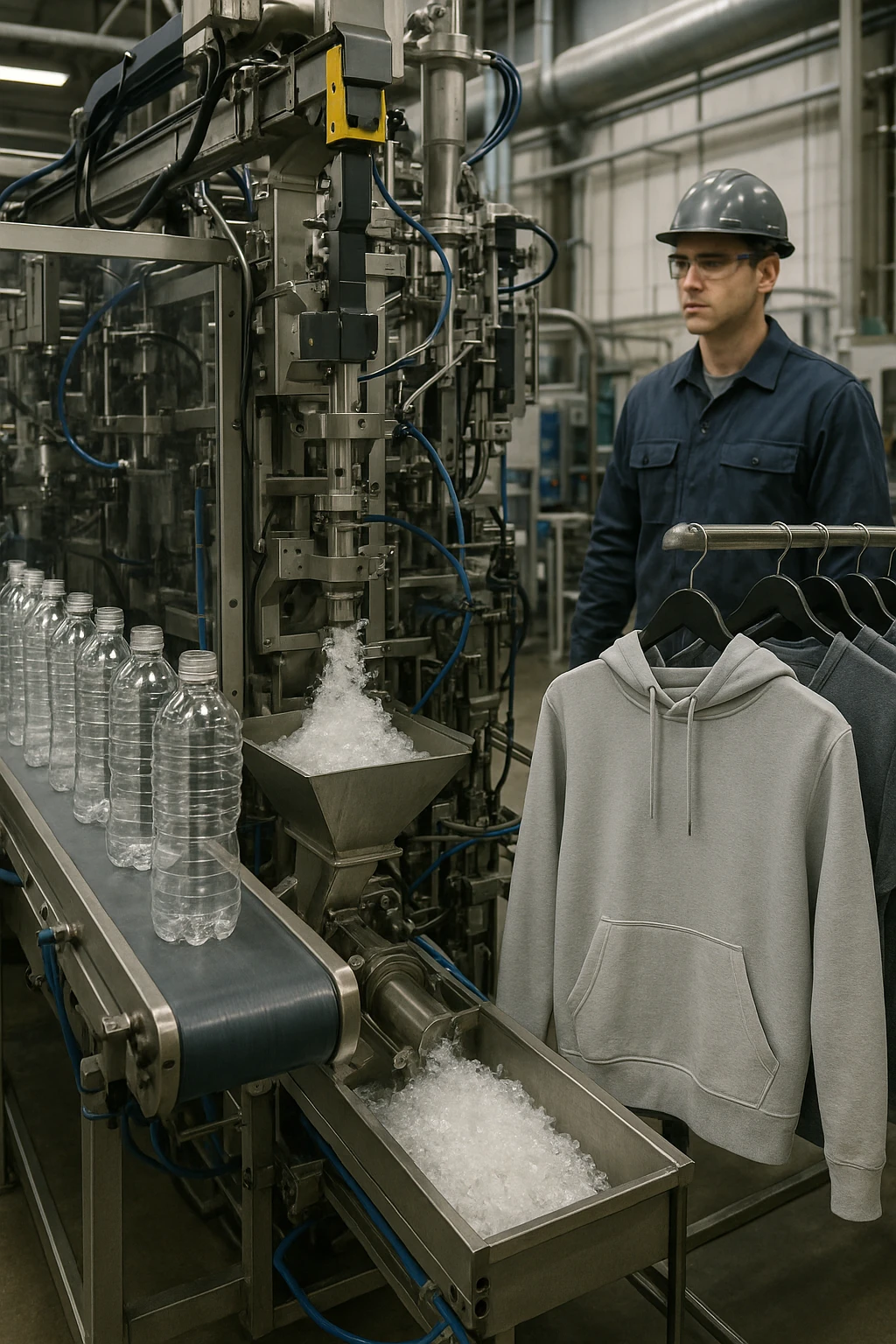 vertical realistic image in 2:3 aspect ratio of a factory transforming PET plastic bottles into polyester clothes. Show bottles, industrial machinery, and finished garments. Professional atmosphere, detailed industrial setting. emoji