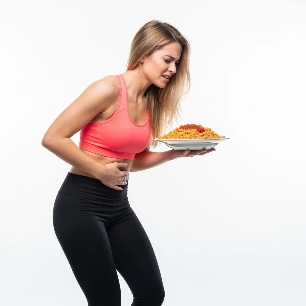 DONNA FITNESS CON PIATTO DI PASTA IN MANO E MAL DI PANCIA, FA FATICA A DIGERIRE, ISOLATA SU SFONDO BIANCO emoji