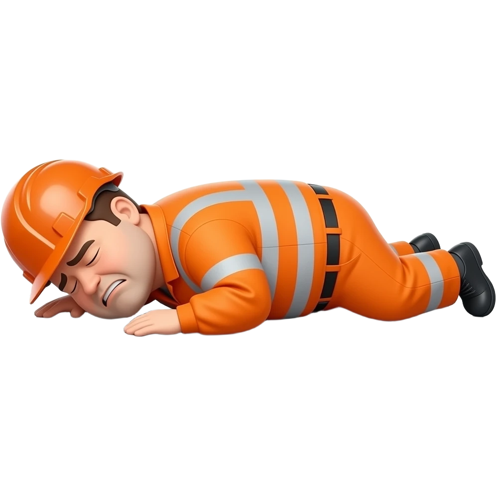 fat MAN IN ORANGE HIVIS OVERALLS, no helmet, not happy, laying face down on floor, side view emoji