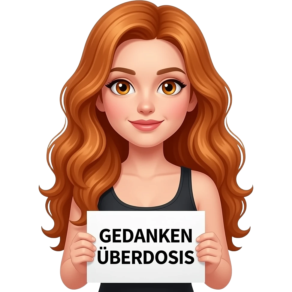 sexy girl with long wavy ginger hair and ginger eyes wearing a black tanktop is holding a white sign with GEDANKEN ÜBERDOSIS written on it emoji