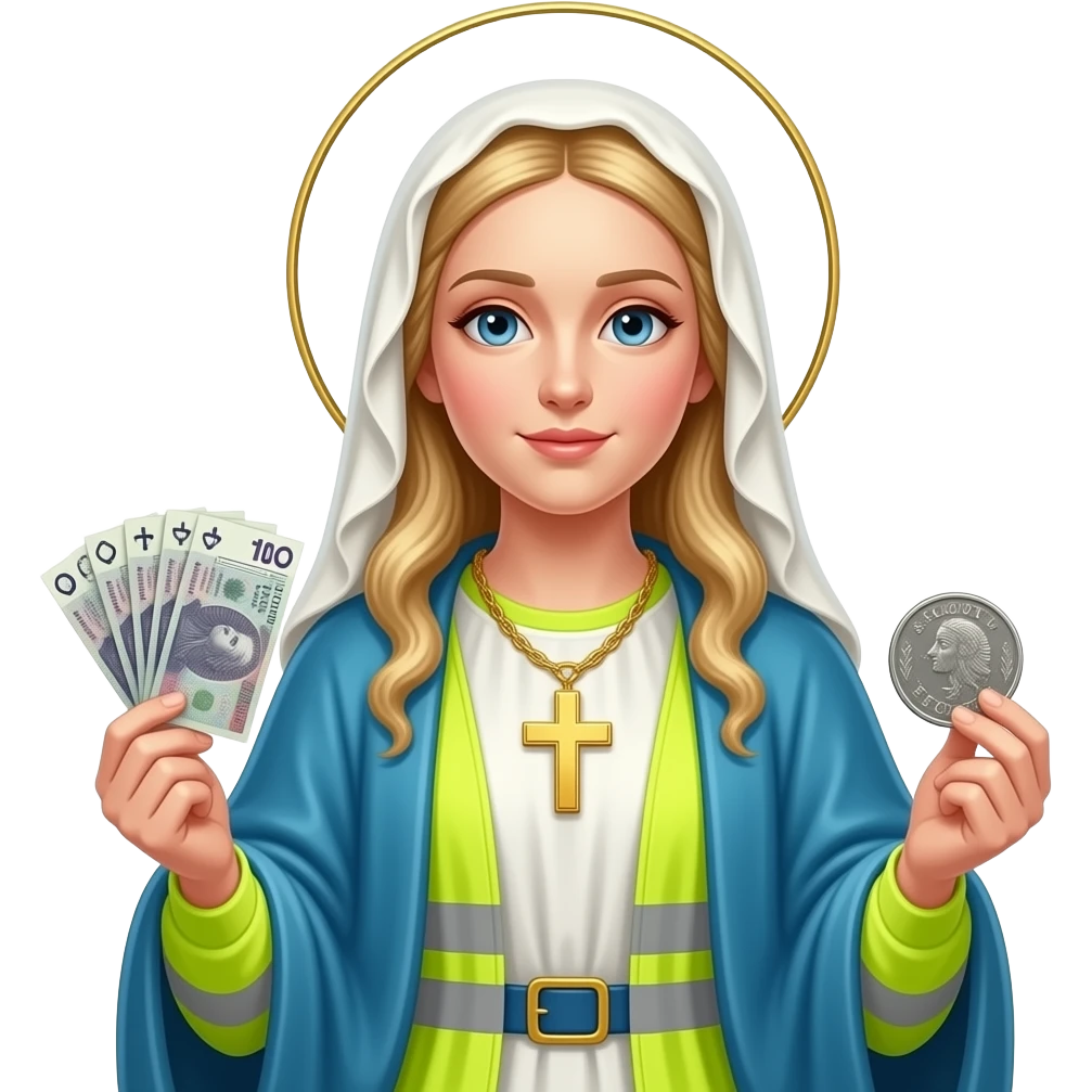 blond virgin marry with gloden cross necklace in neon yellow highviz clothes with a polski złoty bank notes in hand and in left hand a polski złoty coin emoji