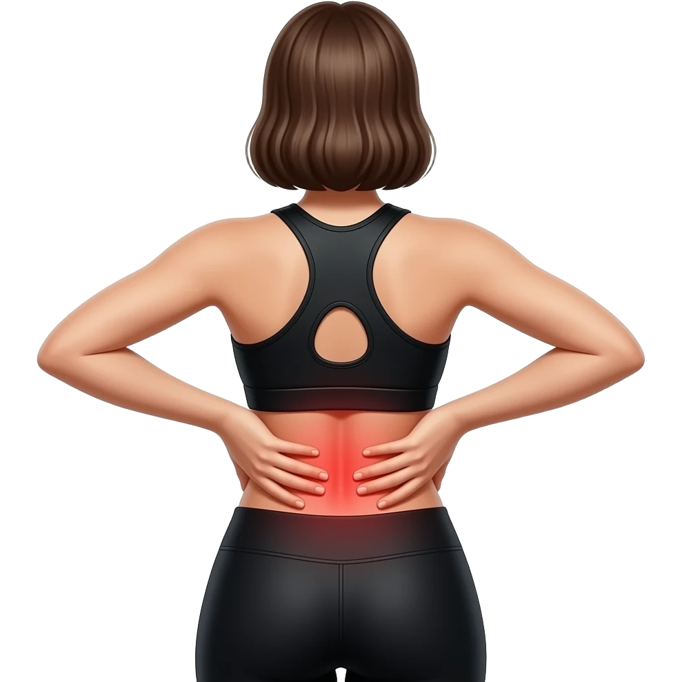 back pain, red glow on lower back, hands on lower back, same woman, black workout set, white background emoji