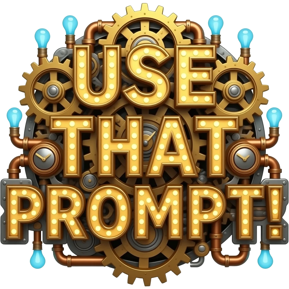 A glowing complex Steampunk text 'USE THAT PROMPT!' constructed from interlocking brass gears, copper pipes, and tiny hissing steam vents. Small glowing blue Edison bulbs attached to the frame, mechanical clockwork style, highly detailed textures emoji