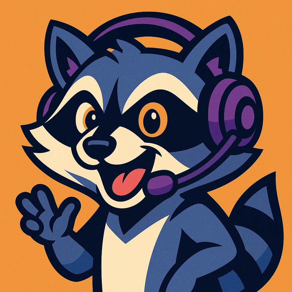 raccoon with a gaming headset, purple accents, dynamic expression, esports mascot style emoji