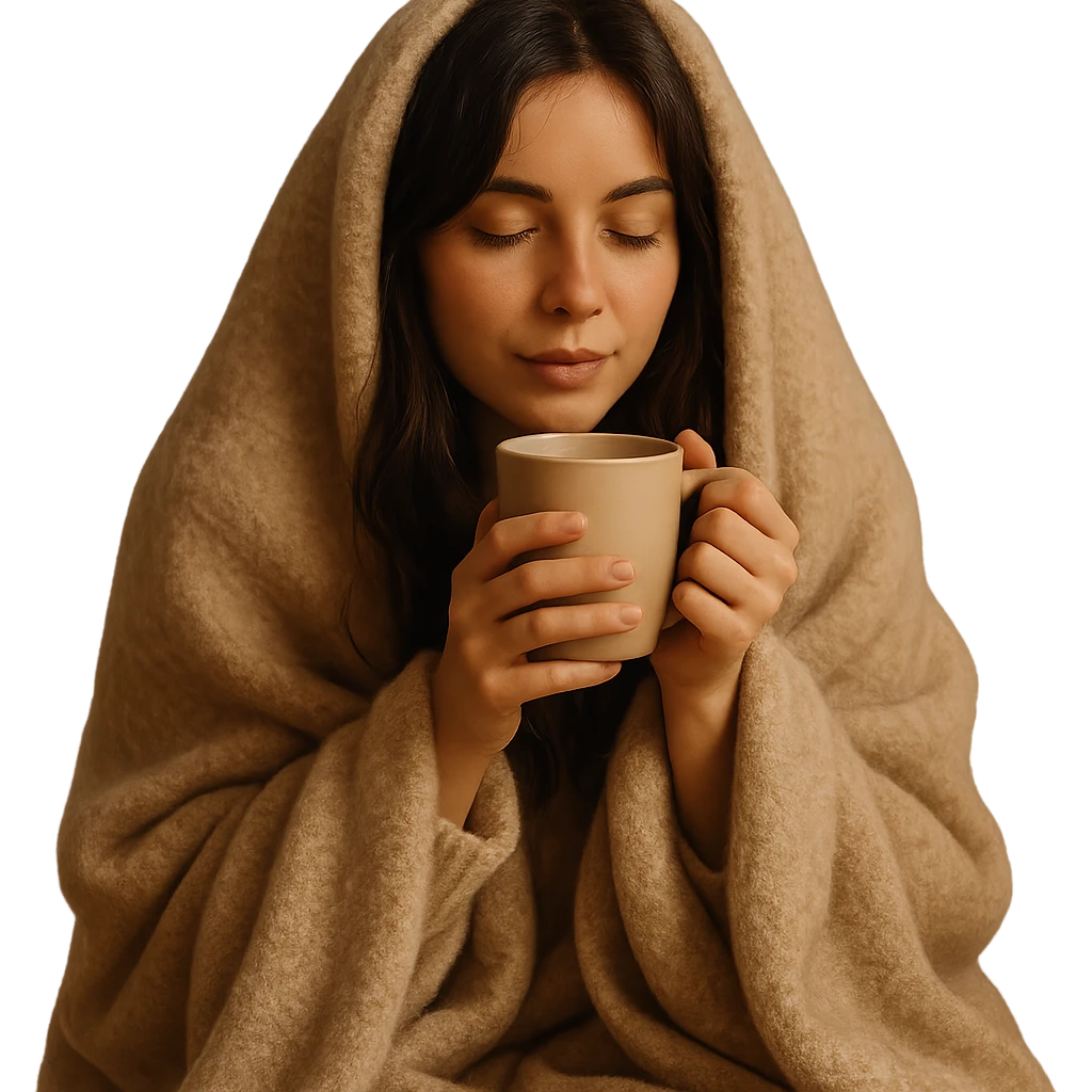 girl brunette inside a blanket sipping coffee, eyes closed, cozy and warm atmosphere, variation 2 emoji